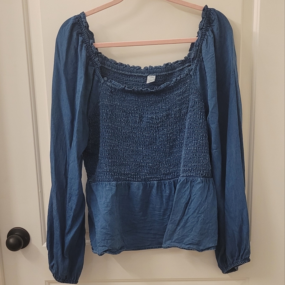 Chambray smocked peplum Top